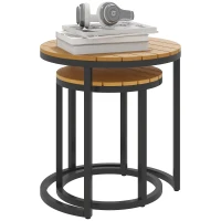 Outsunny Juego de 2 Mesas de Jardín con Encimera de Madera de Acaica Diseño Listones con Marco de Acero y Pies Ajustables Teca(m-11)