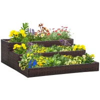 Outsunny Pat de gradina inaltat cu 3 niveluri din ratan sintetic fara fund pentru plante si legume, 120x120x40cm, gri(m-1)