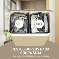 HOMCOM Cesto de Roupa com Tampa 100L de Bambu com 2 Compartimentos Bolsa Interior Amóvivel 52x32x63 cm Bege e Creme(m-4)