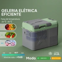 Outsunny Geleira Portátil Elétrica 24,2L -20℃ a +20 ℃ 12V/24V Mini Geleira com Rodas Compressor e Ecrã LED Tátil 60,2x33,4x41,4 cm Cinza e Verde(m-4)