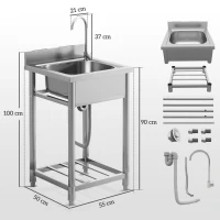 HOMCOM Outdoor Utility Sink, Stainless Steel Free Standing Single Bowl Kitchen Sink with Cold and Hot Water Pipe and Storage Shelf for Laundry Garage, 55 x 50 x 100 cm(m-3)