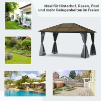 Outsunny Pavillon mit Polycarbonatdach, Vorhänge mit Fliegennetz, Alugestell, dunkelgrau, 3 x 4 x 2,6 m(m-8)