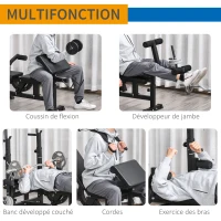 HOMCOM Banc de musculation multifonction réglable - pupitre à biceps, repose barre curl, poignées à Dips, module extension bras jambes, résistance horizontale - acier noir(m-4)