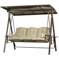 Outsunny Balansoar de Gradina 3 Locuri din Otel si Poliester cu Baldachin Rabatabil din PC si Perne pentru Spatar si Brate, 208x120x174 cm, Maro si Kaki(m-11)