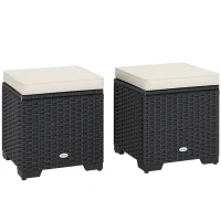Outsunny Set of 2 Rattan Storage Ottoman, Outdoor Footstool with Removable Cushions, Garden Storage Seat for Balcony, Porch, Living Room, Cream(m-10)
