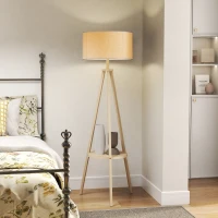 HOMCOM Candeeiro de Pé com Tripé com Estrutura em Madeira e Ecrã Similar ao Linho com Prateleira 48x48x153 cm Madeira e Cinzento(m-2)