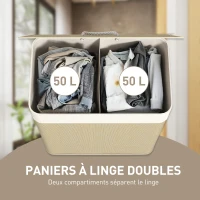 HOMCOM Panier à linge double avec couvercle, panier à linge en bambou 100 L avec poignées en corde(m-4)