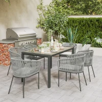 Outsunny Rattan Dining Set, 6 Seater Rattan Garden Furniture Set with Acacia Wood Top Rectangle Table, 6 Chairs, Washable Seat Cushions, for Outdoor, Patio, Conservatory, Grey(m-8)