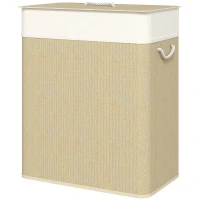 HOMCOM Cesto de Roupa com Tampa 100L de Bambu com 2 Compartimentos Bolsa Interior Amóvivel 52x32x63 cm Bege e Creme(m-10)