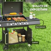 Outsunny Grătar pe Gaz cu Dulăpior, Capac, Măsuță Laterală și Tavă de Colectare a Grăsimii, 129,5x56x110 cm, Negru(m-6)