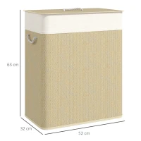 HOMCOM Cesto de Roupa com Tampa 100L de Bambu com 2 Compartimentos Bolsa Interior Amóvivel 52x32x63 cm Bege e Creme(m-3)