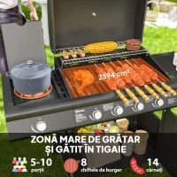 Outsunny Grătar pe Gaz cu Dulăpior, Capac, Măsuță Laterală și Tavă de Colectare a Grăsimii, 129,5x56x110 cm, Negru(m-4)