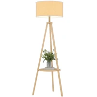 HOMCOM Candeeiro de Pé com Tripé com Estrutura em Madeira e Ecrã Similar ao Linho com Prateleira 48x48x153 cm Madeira e Cinzento(m-11)