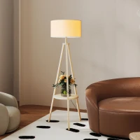 HOMCOM Candeeiro de Pé com Tripé com Estrutura em Madeira e Ecrã Similar ao Linho com Prateleira 48x48x153 cm Madeira e Cinzento(m-8)