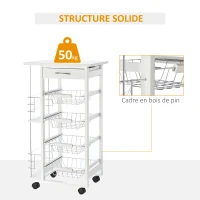 HOMCOM Desserte cuisine à roulettes avec tiroir, 4 paniers et étagères latérales, 47 x 37 x 83 cm, blanc(m-6)