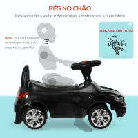 HOMCOM Carro Andador para Crianças com Faróis Música Buzina Volante Compartimento de Armazenamento 63,5x28x36 cm Preto(m-6)