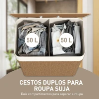HOMCOM Cesto de Roupa com Tampa 100L de Bambu com 2 Compartimentos Bolsa Interior Amóvivel 52x32x63 cm Marrom e Creme(m-4)