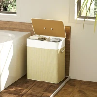 HOMCOM Cesto de Roupa com Tampa 100L de Bambu com 2 Compartimentos Bolsa Interior Amóvivel 52x32x63 cm Bege e Creme(m-7)