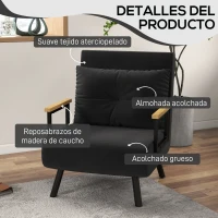 HOMCOM Sofá Cama Individual Plegable Silla Cama Convertible 4 en 1 Respaldo Ajustable de 5 Niveles y Almohada 63x73x81 cm Negro(m-6)