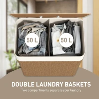 HOMCOM Double Laundry Basket with Lid, 100L Bamboo Laundry Hamper with Rope Handles, Washing Basket with Removable Liner for Bathroom, Bedroom, Brown(m-4)
