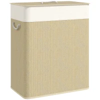HOMCOM Cesto de Roupa com Tampa 100L de Bambu com 2 Compartimentos Bolsa Interior Amóvivel 52x32x63 cm Bege e Creme(m-9)