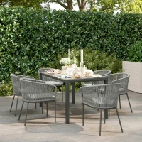 Outsunny Rattan Dining Set, 6 Seater Rattan Garden Furniture Set with Acacia Wood Top Rectangle Table, 6 Chairs, Washable Seat Cushions, for Outdoor, Patio, Conservatory, Grey(m-9)