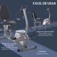 HOMCOM Bicicleta Estática Reclinada Resistencia Magnética de 8 Niveles Pantalla LCD con Pulsómetro Volante de Inercia de 3 kg Portabotellas Asiento Ajustable 121,5-para Casa 136x62,5x98 cm Gris(m-7)