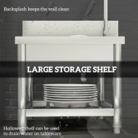 HOMCOM Outdoor Utility Sink, Stainless Steel Free Standing Single Bowl Kitchen Sink with Cold and Hot Water Pipe and Storage Shelf for Laundry Garage, 55 x 50 x 100 cm(m-5)