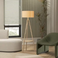 HOMCOM Candeeiro de Pé com Tripé com Estrutura em Madeira e Ecrã Similar ao Linho com Prateleira 48x48x153 cm Madeira e Cinzento(m-9)