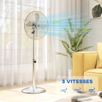 HOMCOM Ventilateur sur pied 50 W réglable en hauteur 87-120 cm, 3 vitesses, oscillation et inclinaison réglables, argent(m-4)