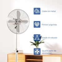 HOMCOM Ventilateur sur pied 50 W réglable en hauteur 87-120 cm, 3 vitesses, oscillation et inclinaison réglables, argent(m-7)