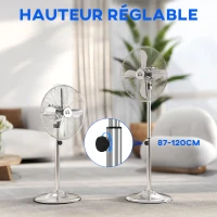 HOMCOM Ventilateur sur pied 50 W réglable en hauteur 87-120 cm, 3 vitesses, oscillation et inclinaison réglables, argent(m-5)