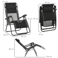 Outsunny Garden Recliner Chairs Set of 2, Outdoor Foldable Zero Gravity Chairs Set w/ Footstool and Detachable Headrest, Black(m-3)