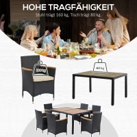 Outsunny Gartenmöbel-Set 6 Personen großer rechteckiger Esstisch + 6 Stühle & waschbare Kissen aus Stahl, PE-Rattan, Akazienholz Schwarz und Beige(m-5)