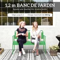 Outsunny Banc de jardin 2 places banc extérieur jardin en acier avec accoudoirs et dossier, pour balcon 121 x 64 x 84 cm, vert(m-4)