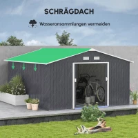Outsunny Geräteschuppen, Wetterfestes Gartenhaus für Gartengeräte, mit Belüftungsfenstern, Schiebetüren, Stahl, Kohlegrau(m-6)