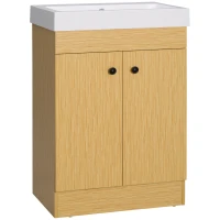 Kleankin Dulap de baie sub lavoar din PAL cu rafturi reglabile si chiuveta curbata din piatra artificiala, 60x41,5x88 cm, culoare alb si lemn(m-1)