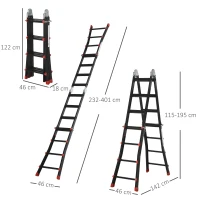 HOMCOM 4M Aluminium Duo Ladder Telescopic Herringbone Changeable Multi-Purpose w/ Non-Slip Steps Climbing DIY Platform Portable Workshop House Garden(m-3)