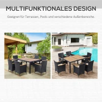 Outsunny Gartenmöbel-Set 6 Personen großer rechteckiger Esstisch + 6 Stühle & waschbare Kissen aus Stahl, PE-Rattan, Akazienholz Schwarz und Beige(m-4)