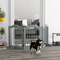 PawHut Absperrgitter Hund 3-teilig, 154,5 x 61 cm Faltbar Hundegitter mit Tür, 2 Stützfüßen Hellgrau(m-2)