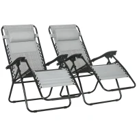 Outsunny Garden Recliner Chairs Set of 2, Outdoor Foldable Zero Gravity Chairs Set w/ Footstool and Detachable Headrest, Grey(m-10)