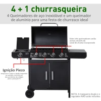 Outsunny Barbecue a Gás com 4+1 Queimadores 14,4KW Mesas Laterais Armário de Armazenamento Termômetro e 2 Rodas Aço Inoxidável 125x51x100cm Preto(m-4)