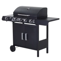 Outsunny Barbacoa de Gas con 4+1 Quemadores 14,4 KW Mesas Laterales Armario de Almacenaje Termómetro y 2 Ruedas Acero Inoxidable BBQ 125x51x100 cm Negro(m-11)