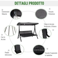 Outsunny Dondolo da Giardino 3 Posti con Tettuccio Parasole Regolabile e 3 Cuscini, Dondolo da Esterno con Seduta Traspirante in Texteline e Metallo, Portata Fino a 270 kg, 198x118x168 cm, Grigio(m-4)