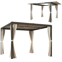 Outsunny Pergola carrée avec toit coulissant 2 panneaux et rideaux structure métal aluminium 3 x 3 m beige(m-11)