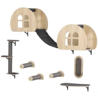 PawHut Kletterwand Katzen 7-teilig Katzen Kletterwand Set mit Sisalpfostenleiter, Plattform Kratzbaum Grau(m-1)