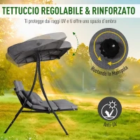Outsunny Dondolo da Giardino 3 Posti con Tettuccio Parasole Regolabile e 3 Cuscini, Dondolo da Esterno con Seduta Traspirante in Texteline e Metallo, Portata Fino a 270 kg, 198x118x168 cm, Grigio(m-5)