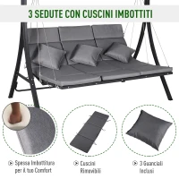 Outsunny Dondolo da Giardino 3 Posti con Tettuccio Parasole Regolabile e 3 Cuscini, Dondolo da Esterno con Seduta Traspirante in Texteline e Metallo, Portata Fino a 270 kg, 198x118x168 cm, Grigio(m-6)