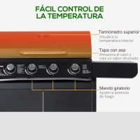 Outsunny Barbacoa de Gas con 4+1 Quemadores 14,4 KW Mesas Laterales Armario de Almacenaje Termómetro y 2 Ruedas Acero Inoxidable BBQ 125x51x100 cm Negro(m-5)