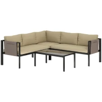 Outsunny 5 Seater Garden Corner Sofa Set, 4 Pieces Metal Garden Furniture Set with Loveseats, Glass Top Coffee Table, Breathable Mesh Pocket, Outdoor Conversation Furniture with Cushions, Khaki(m-1)